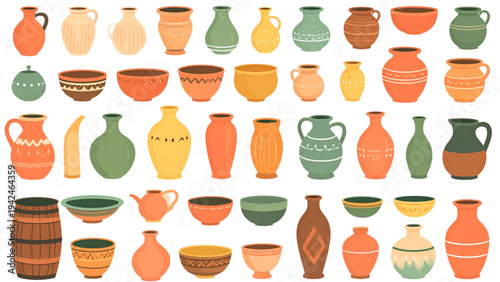 Traditional Clay Pottery Collection – Terracotta Jugs, Bowls, and Vases Vector