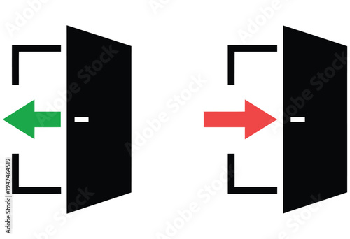 Enter, exit door icon set with arrow and doorway symbols, navigation and access signs, clean modern flat vector design for building wayfinding, public safety,