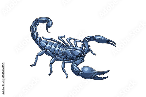 Blue scorpion with claws and tail on white background