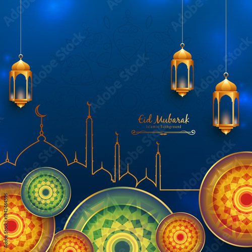 Eid Mubarak background for cover,flyer,brochure,business promotion, islamic culture vector illustration with golden ornament on blue background