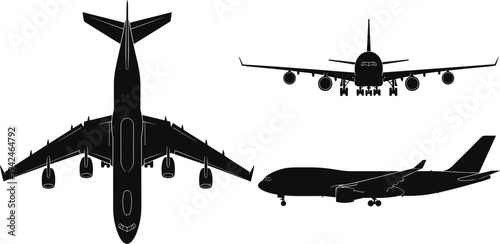 Set of commercial airplane silhouettes, top front and side orthographic views, aircraft design blueprint, aviation industry concept, cad drawing, flat vector illustration.