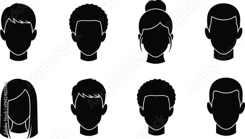 Collection of diverse human head silhouettes featuring various hairstyles, isolated on white background, black design, cad drawing flat vector illustration, set of icons.