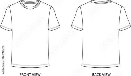 Blank t-shirt template, front and back view, apparel design, fashion mockup, casual clothing, basic jersey, technical drawing, cad drawing, flat vector illustration.