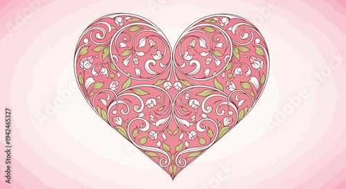 Decorative floral heart illustration with intricate pink and green pattern