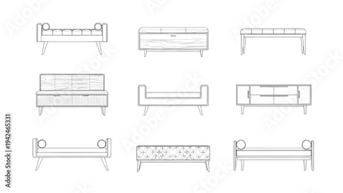 Collection of Various Sofa Designs Illustrated from Different Angles