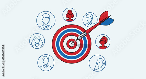 Dart hitting bullseye surrounded by diverse target audience people icons
