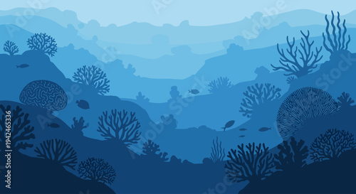 Deep blue underwater coral reef scene with fish and marine life