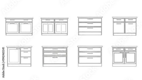 Collection of kitchen cabinet designs displayed in a grid layout