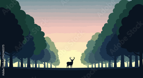 Deer silhouette in tranquil minimalist forest at sunrise or sunset