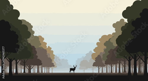 Deer silhouette in flat design forest landscape illustration