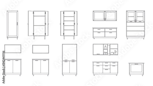 Collection of kitchen furniture line drawings from various viewpoints