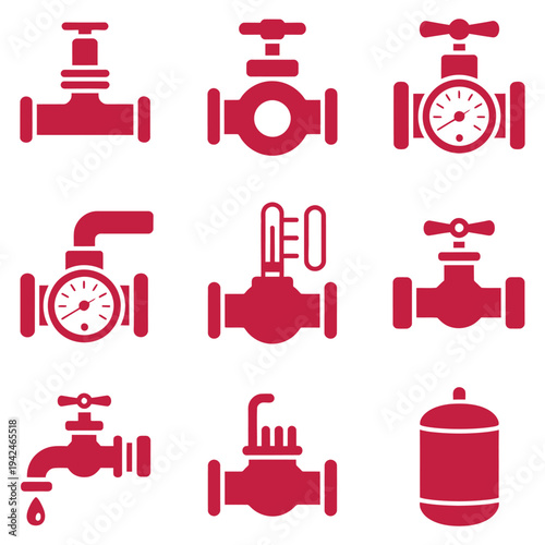 Red Icons of Plumbing Fixtures and Valves. Plumbing equipment symbols with water taps, pipe fittings and valve elements for repair service
