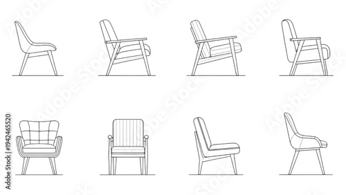 Collection of eight minimalist chair designs viewed from various angles