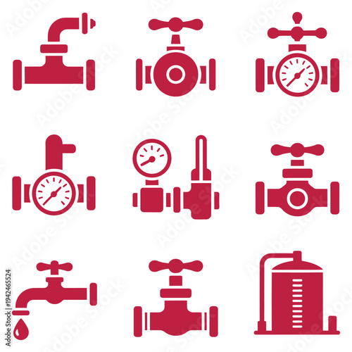 Red Icons of Plumbing Fixtures and Valves. Water pipe fittings, faucet, tap and valve symbols set for plumbing service, sanitation system concept
