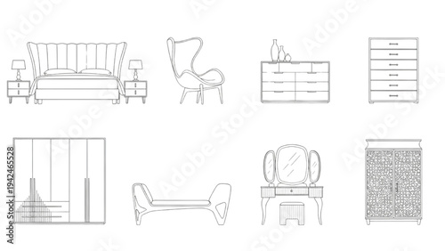 Furniture illustrations collection featuring sofa, chair, dresser, and decor from various viewpoints
