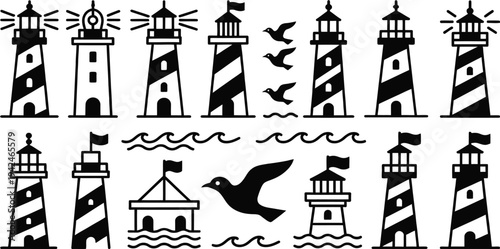 Set of 13 lighthouse icons vector, black and white