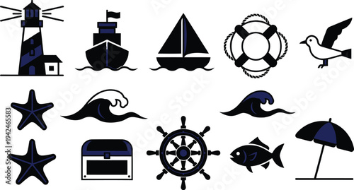 Set of 13 nautical icons vector, black and blue, maritime symbols
