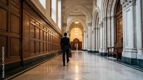 Professional Constitutional Law Attorney Walking Through Historic Courthouse Hallway with Briefcase