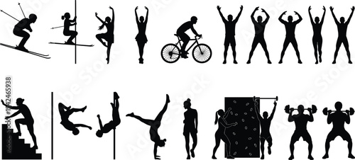 Athletic sports silhouette vector set featuring people skiing cycling weightlifting gymnastics climbing and fitness activities for diverse ou