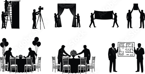 Professional event management silhouette collection featuring staff setting up decor, catering service team, photographers, stage crew, florists, wedding planners, and corporate venue organization.