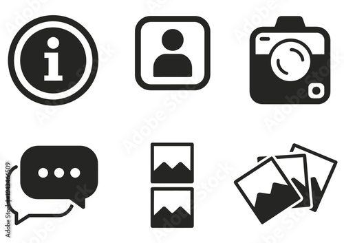 Flash, light symbol, chat and info sign, hipster photo camera icon, photo booth strips, human portrait frame, and classic speech bubble icon, modern flat vector illustration collection