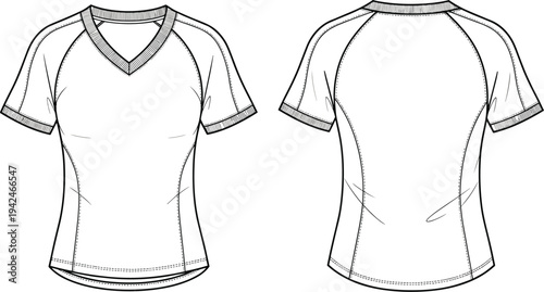 Technical flat sketch of women's short sleeve v-neck t-shirt with raglan sleeves and curved hem, front and back view fashion illustration for design templates.