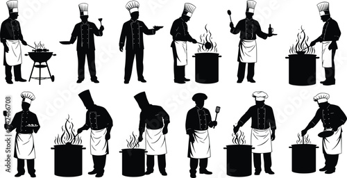Professional chef silhouettes set featuring male cooks in uniform grilling on barbecue and cooking in large pots isolated on white background vector illustration.