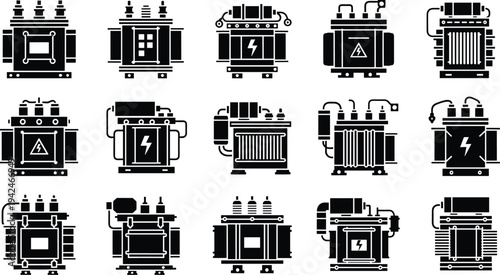 Set of High Voltage Electrical Power Transformer Icons Featuring Various Industrial Electricity Distribution Equipment and Energy Infrastructure Substation Components Isolated on White Background