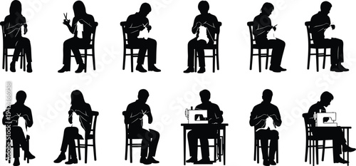 Set of People Knitting and Sewing Silhouettes Featuring Men and Women Sitting on Chairs Using Knitting Needles and Sewing Machines for Craft Hobby Projects