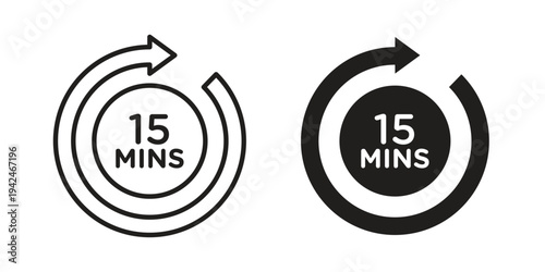 15 minutes icon clipart symbol isolated on white background. Flat and stroke designs.