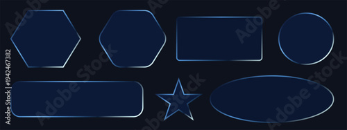 High tech transparent blue glass screen panel collection. Glass frame set group, bright blue gradient panel background, bright blue neon geometric frame and text box set