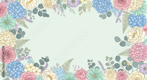 Colorful Floral Wreath with Roses and Leaves.