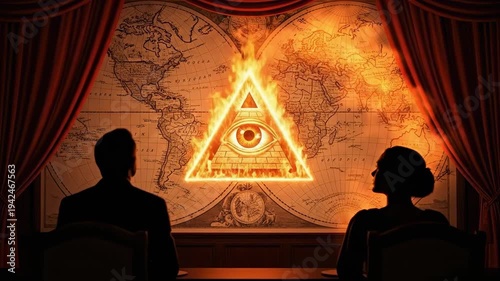 Globalist Secret Society Meeting with Flaming Eye of Providence Symbol on World Map