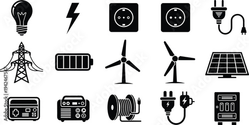 Electricity and Renewable Energy Icons Set with Power Plug, Solar Panel, Wind Turbine, Generator, Battery and Electrical Equipment Vector