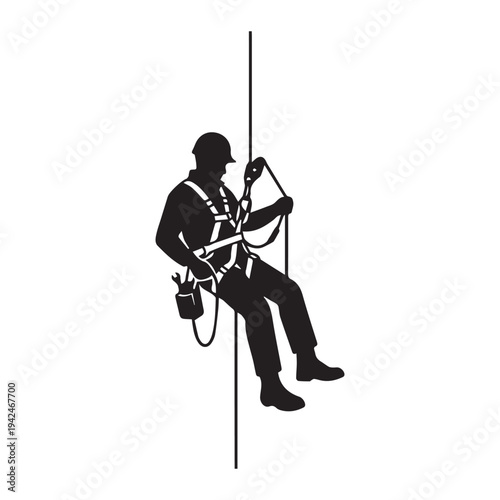 A worker suspended on a rope with safety harness Icon Silhouette vector black design on a white background