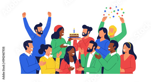 Diverse group celebrates birthday with cake and confetti