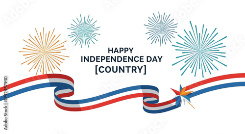 Independence Day Celebration with Fireworks and Ribbon.