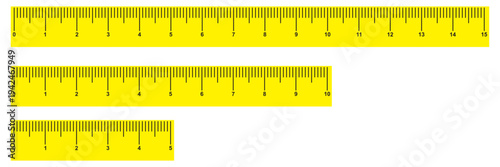Measuring chart 5,10,15 inches. Set of ruler scales twelve, fourteen. Sewing tool icons. Length measurement math, distance, height. Measuring rulers in centimeters set 1to 15 cm vector scale measuring