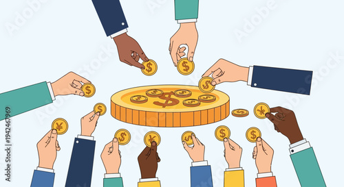 Diverse hands placing currency coins into large money stack