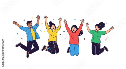 Diverse young friends jumping happily with arms raised in air