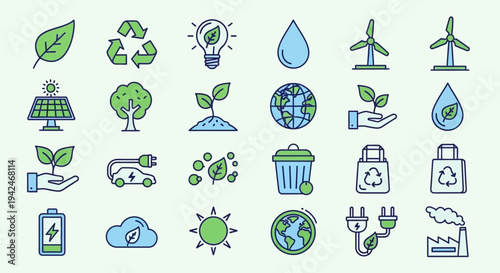 Ecology, green energy, and environmental sustainability line icons set