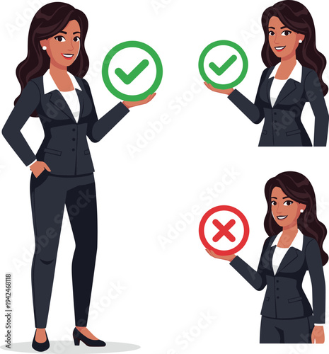 businesswoman holding checkmark and cross icons, decision making approval rejection concept, professional female character with correct incorrect symbols vector illustration