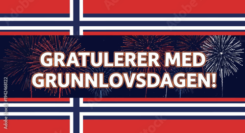 Norwegian Flag with Fireworks and Text.