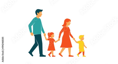 Family walking together holding hands in flat design style