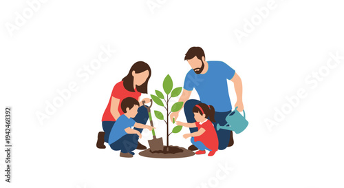 Family planting a young tree together with children