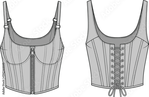 Women's Corset Top Technical Fashion Illustration Set Featuring Front and Back Views With Zipper Closure Lace Up Detail Straps And Paneled Bodice Design Template