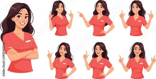 female nurse character poses set, smiling medical worker gestures collection, healthcare professional woman pointing explaining actions, cartoon nurse vector illustration
