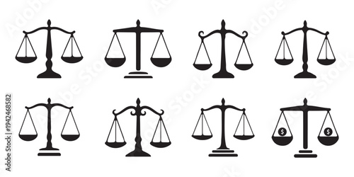 Scales of justice silhouette icon set, black balance symbols collection for law and court themes, classic legal vector illustration isolated. Simple black and white balance scales. Weight scales 