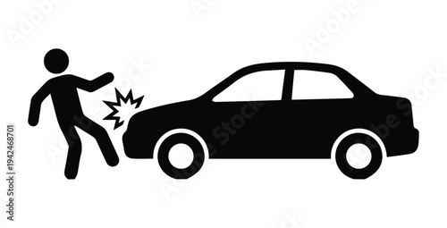 Stick figure colliding with a vehicle depicting a pedestrian accident scene Icon Silhouette vector black design on a white background