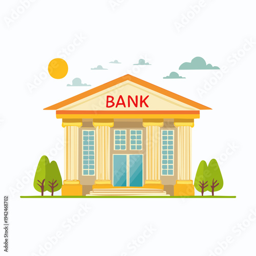 Financial bank building with columns and trees in flat style